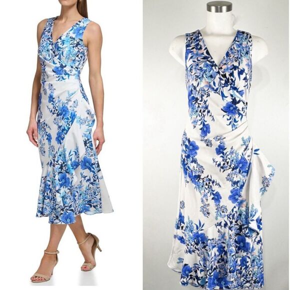 Eliza J Sz 4 Floral Print Ruffle Sleeveless Midi Cocktail Dress Elegant - Picture 1 of 6